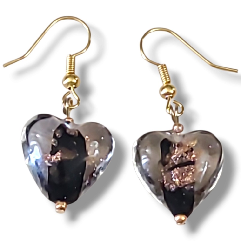 Handmade Lampwork Art Glass Heart Earrings Black Copper Gold Dangle New